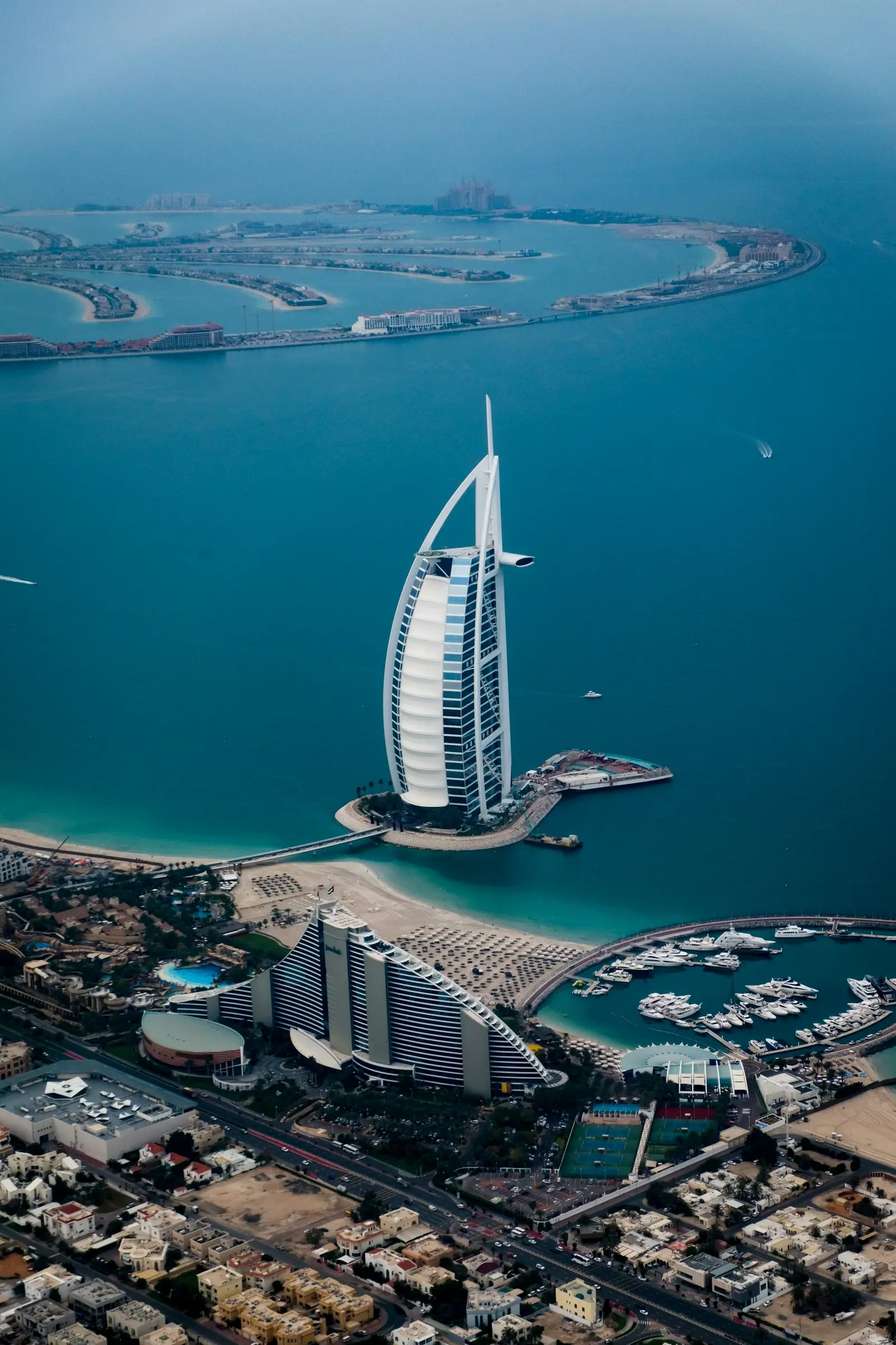 Aerial view of the Burj Al Arab and the Arabian Gulf